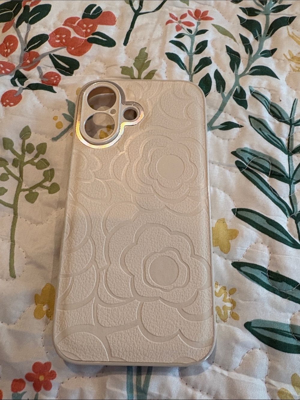 Cream Floral Embossed Phone Case with Gold Camera Trim